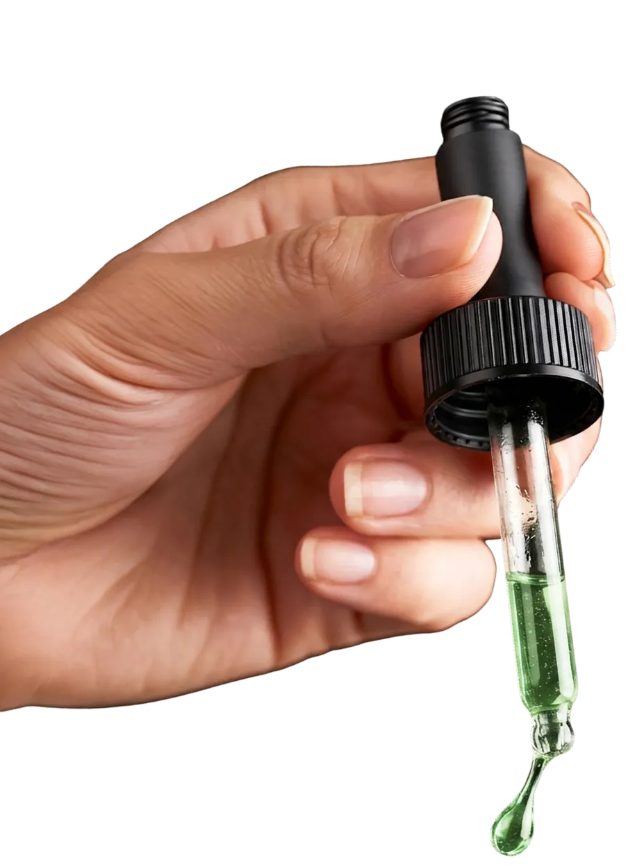 Main tenant une pipette contenant un liquide végétal